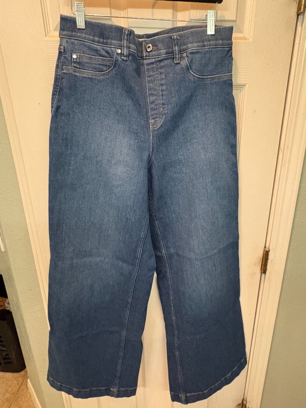 Spanx Wide Leg Blue Jeans High Rise Pull On Stretch Denim Size XL